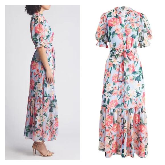 Eliza J Blue Floral Belted Maxi Shirt Dress Sz.4 NWT - Picture 3 of 16